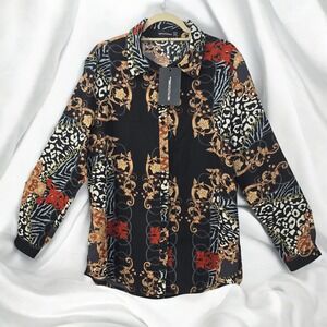 PrettyLittleThing Oversized Satin Shirt Button Up Mixed Print Woman 12 Black NWT